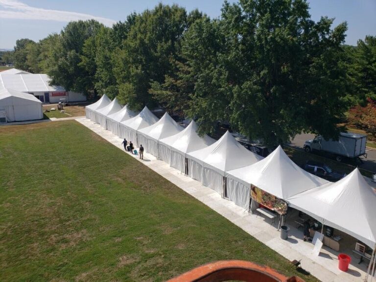 A row of frame tents set up in sections for a large event, showcasing the versatility of frame tents for large-scale outdoor gatherings and exhibitions.