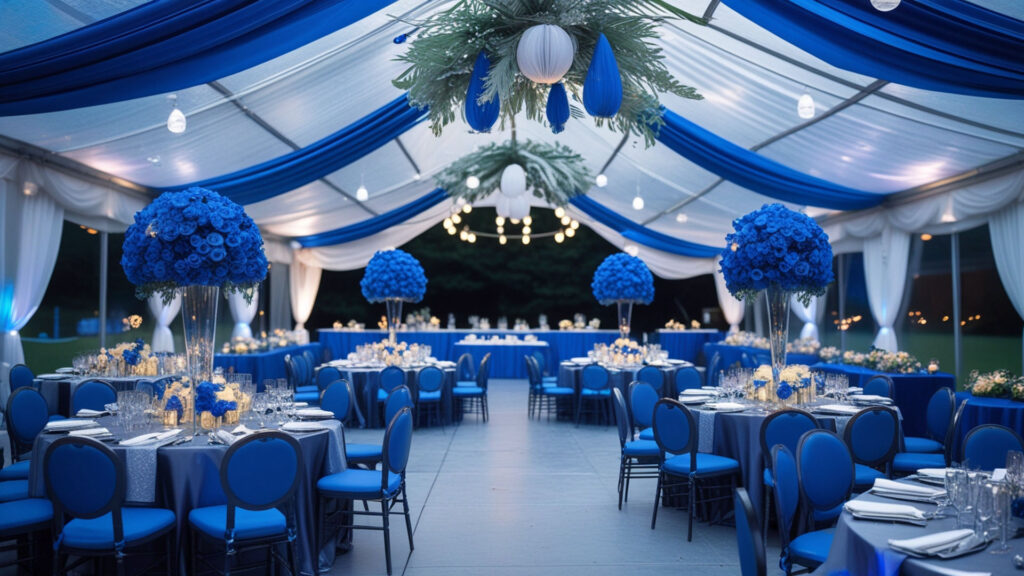 Beautifully decorated tent with blue and white drapes, floral centerpieces, and round tables. Rent a tent In Usa for your next event and create a memorable experience.