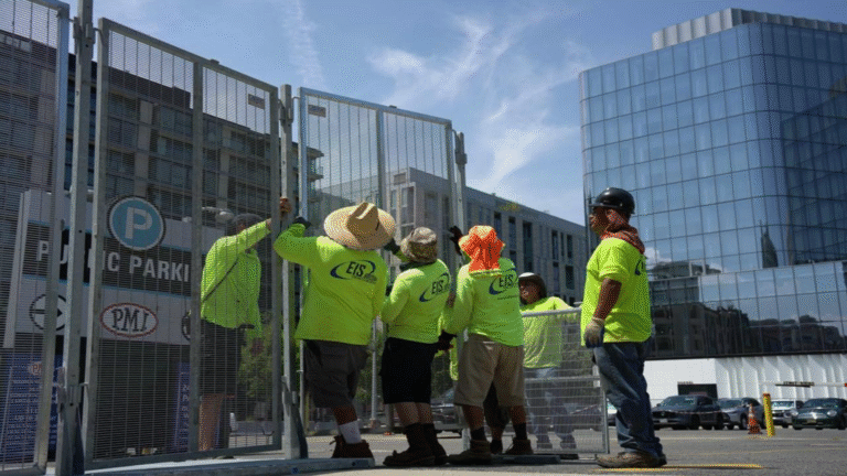 Event installation crew assembling anti-scale fencing for crowd control at an outdoor event.