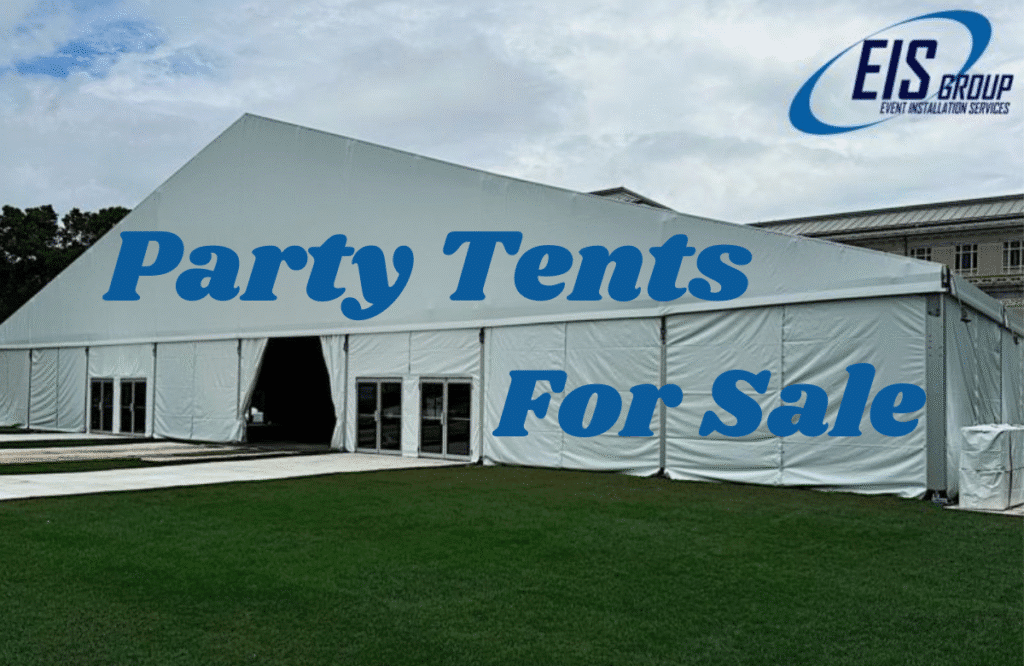 Party Tents for Sale by EIS Group, large white event tent on green lawn with clear sky.