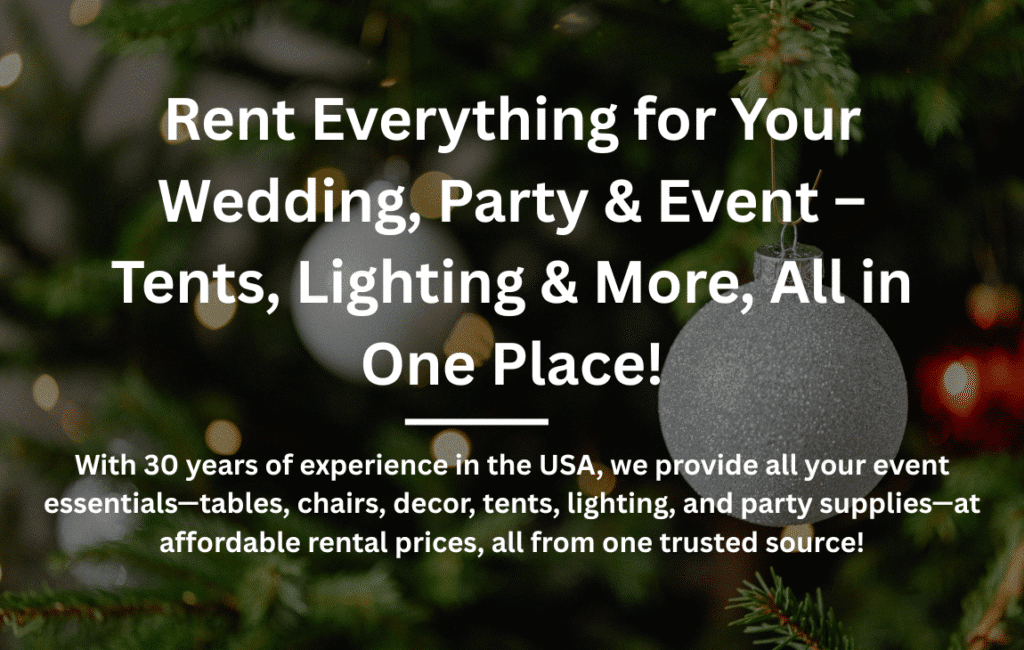 Party supplies including tents, lighting, and decor for weddings and events.