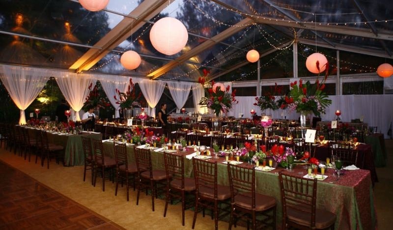 Tea Party Table Setting and Dinner Party Table Setting with long tables, lantern lights, floral centerpieces, and evening ambiance