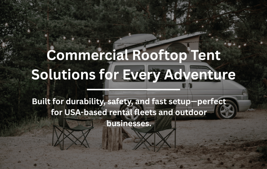 Commercial van equipped with Rooftop Tents set up at a forest campsite with seating and lights for outdoor rentals