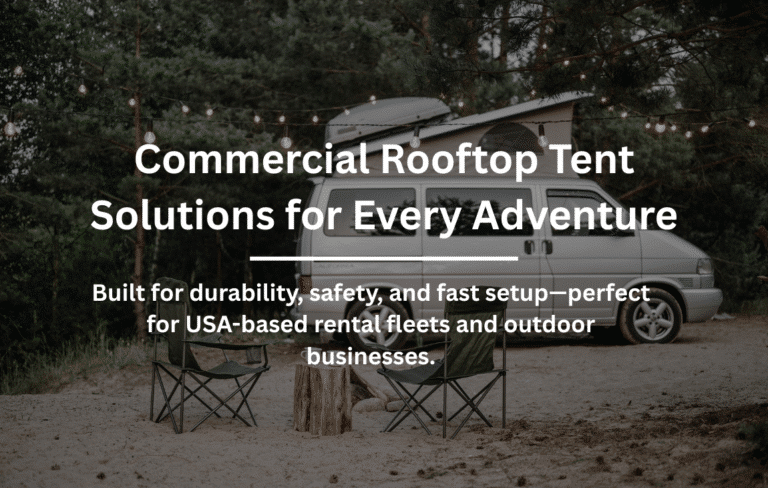 Commercial van equipped with Rooftop Tents set up at a forest campsite with seating and lights for outdoor rentals