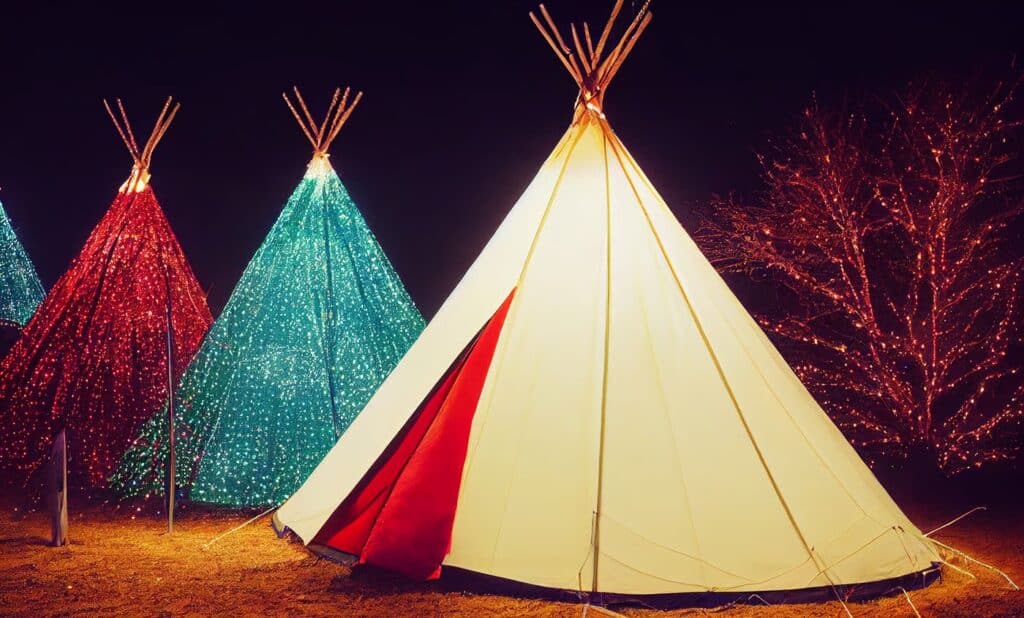 Teepee tent illuminated with colorful lights, creating a magical outdoor atmosphere at night.